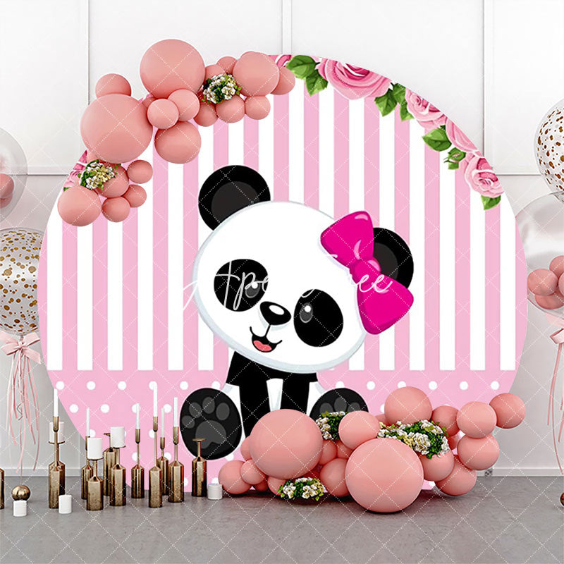 Aperturee - Pink White Floral Panda Girl Round Birthday Backdrop