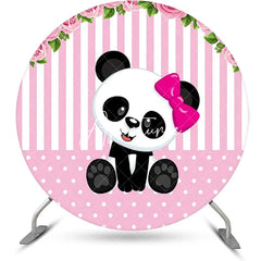 Aperturee - Pink White Floral Panda Girl Round Birthday Backdrop