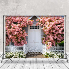 Aperturee - Pink White Floral White Door Wall Fence Backdrop