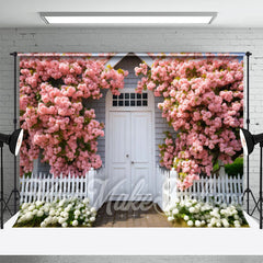 Aperturee - Pink White Floral White Door Wall Fence Backdrop