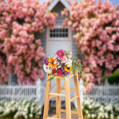 Aperturee - Pink White Floral White Door Wall Fence Backdrop