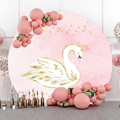 Aperturee - Pink White Gold Glitter Swan Round Birthday Backdrop