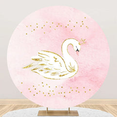 Aperturee - Pink White Gold Glitter Swan Round Birthday Backdrop