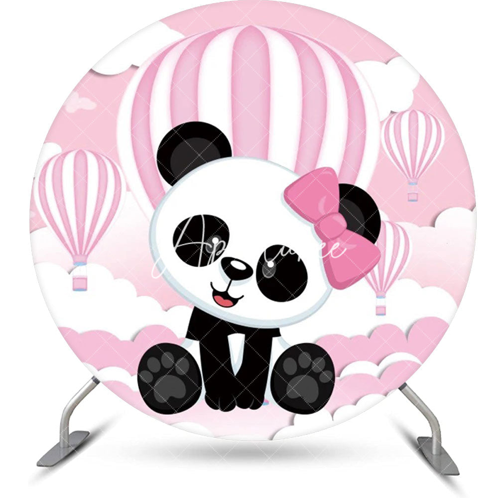 Aperturee - Pink White Hot Balloon Panda Round Birthday Backdrop