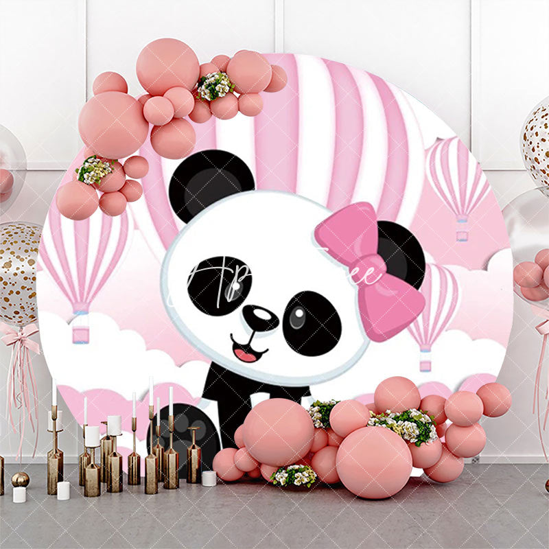 Aperturee - Pink White Hot Balloon Panda Round Birthday Backdrop