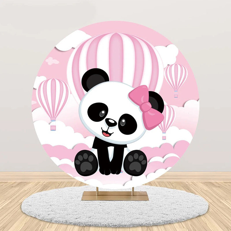 Aperturee - Pink White Hot Balloon Panda Round Birthday Backdrop