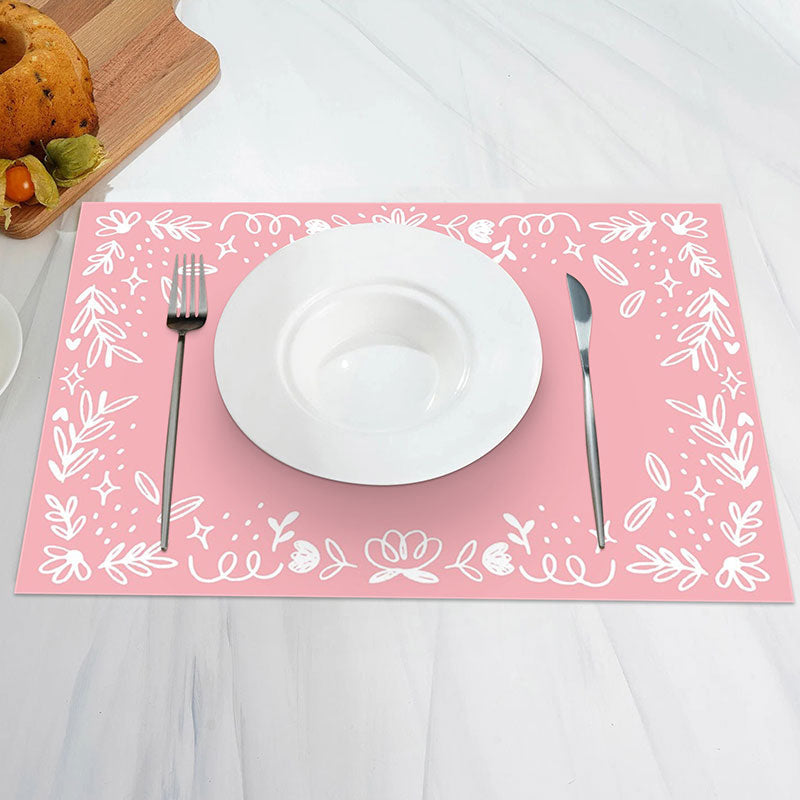 Aperturee - Pink White Leaf Patterns Modern Set Of 4 Placemats