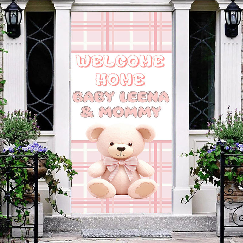 Aperturee - Pink White Plaid Teddy Bear Welcome Home Door Cover