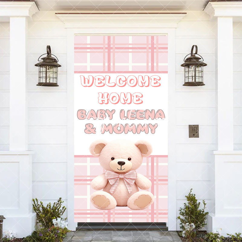 Aperturee - Pink White Plaid Teddy Bear Welcome Home Door Cover