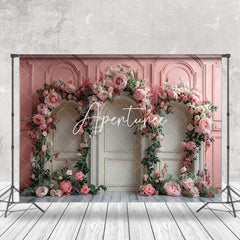 Aperturee - Pink White Retro Wall Floral Leaf Wedding Backdrop