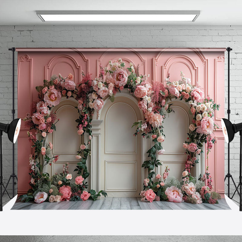 Aperturee - Pink White Retro Wall Floral Leaf Wedding Backdrop