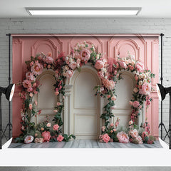 Aperturee - Pink White Retro Wall Floral Leaf Wedding Backdrop