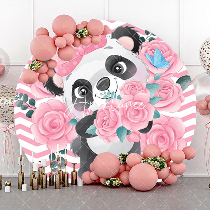 Aperturee - Pink White Ripple Rose Panda Round Birthday Backdrop