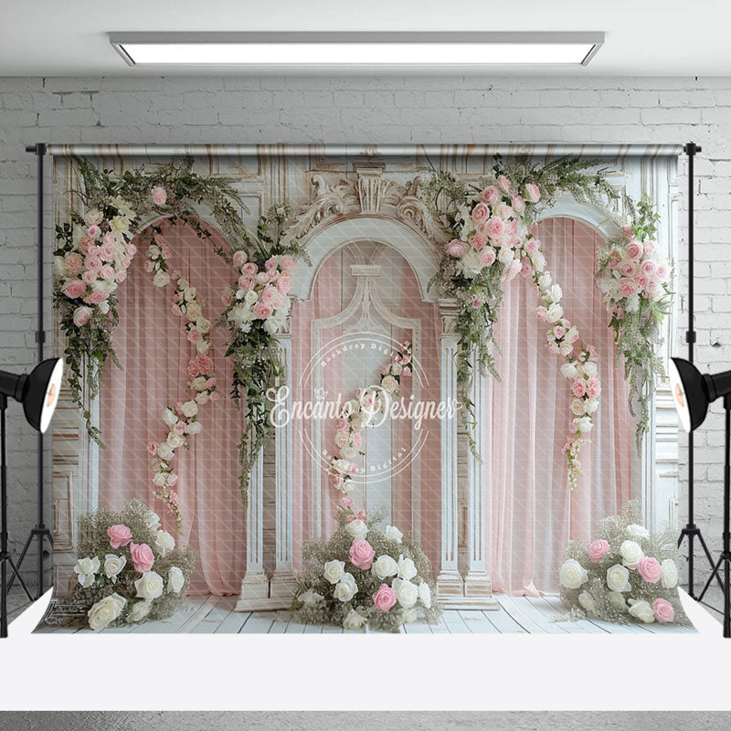 Aperturee - Pink White Romantic Floral Wedding Photo Backdrop