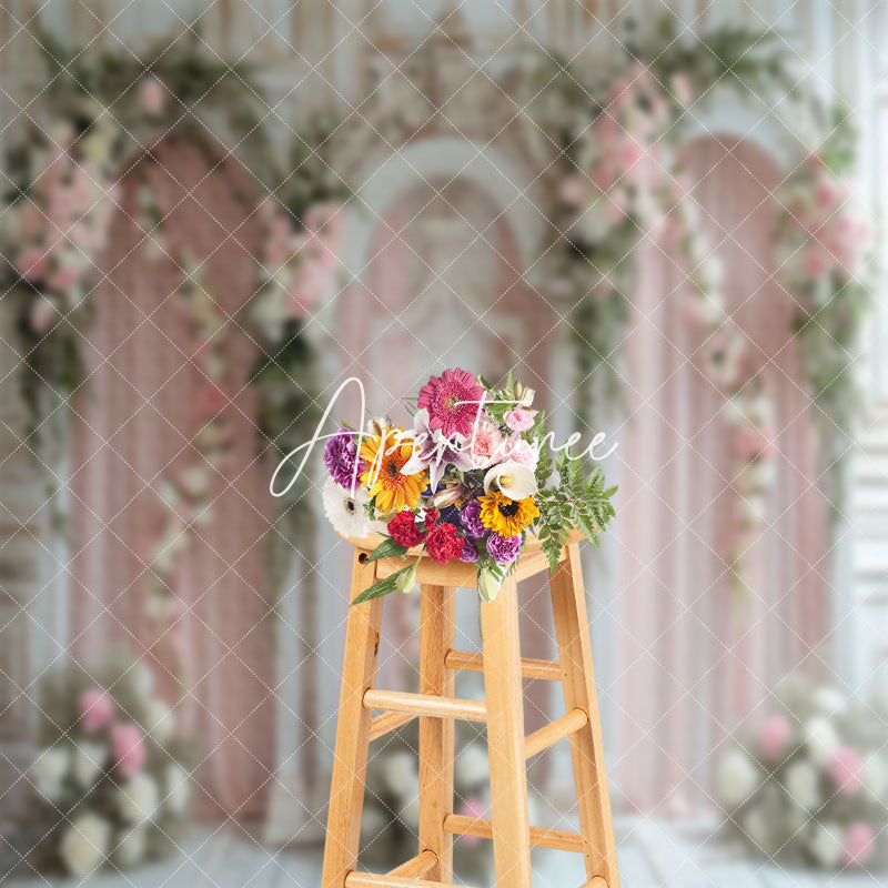 Aperturee - Pink White Romantic Floral Wedding Photo Backdrop