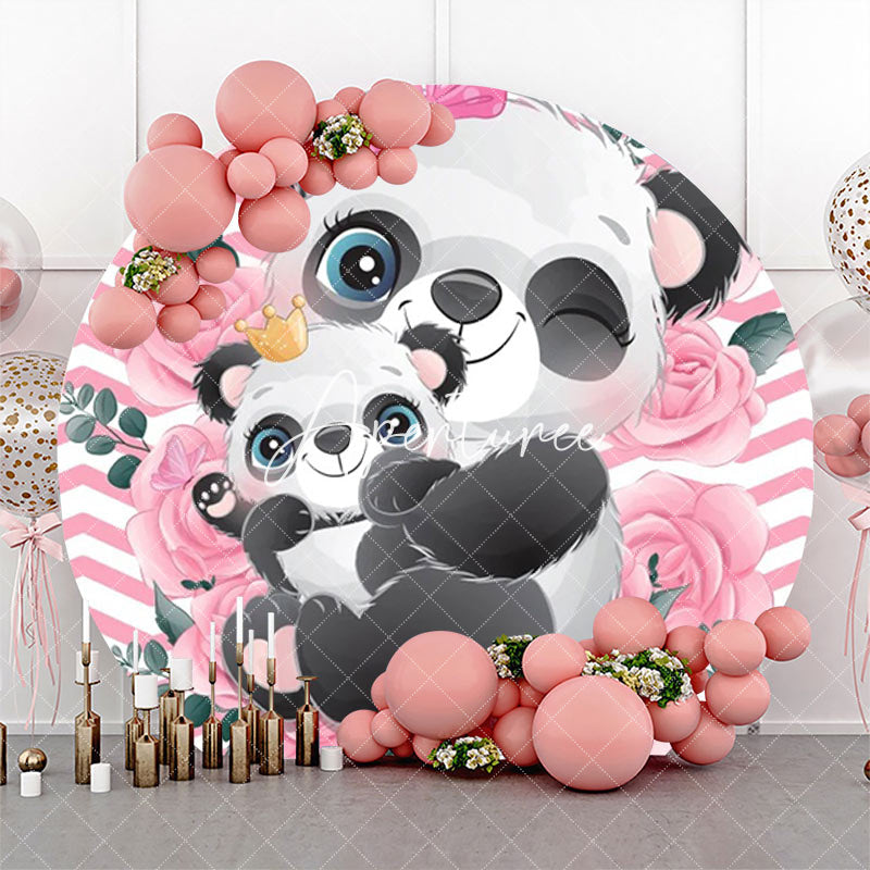 Aperturee - Pink White Rose Panda Round Baby Shower Backdrop