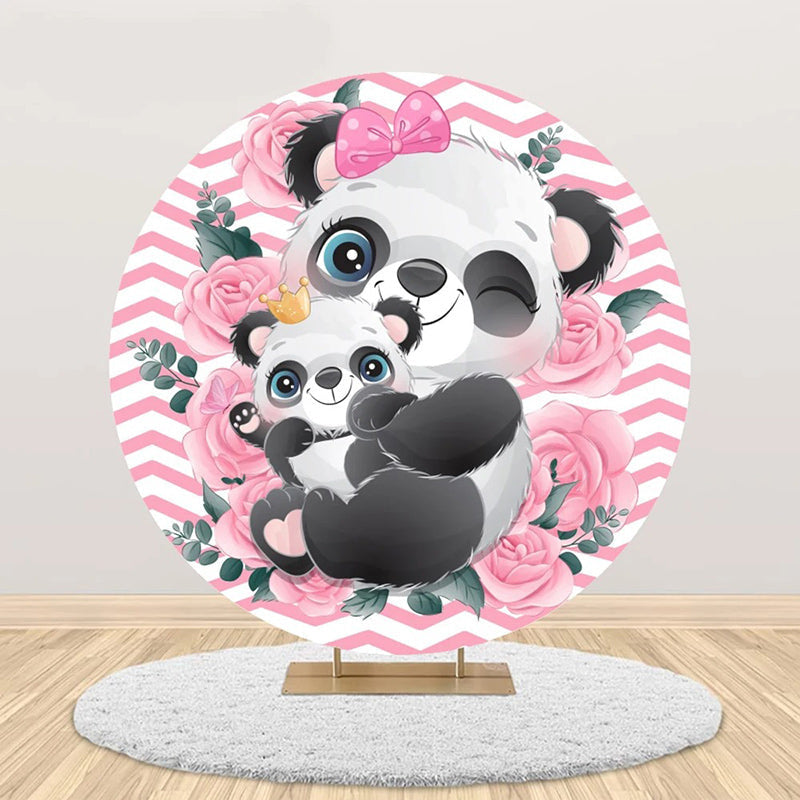 Aperturee - Pink White Rose Panda Round Baby Shower Backdrop