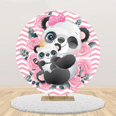 Aperturee - Pink White Rose Panda Round Baby Shower Backdrop