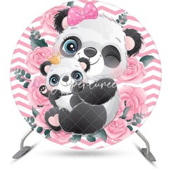 Aperturee - Pink White Rose Panda Round Baby Shower Backdrop