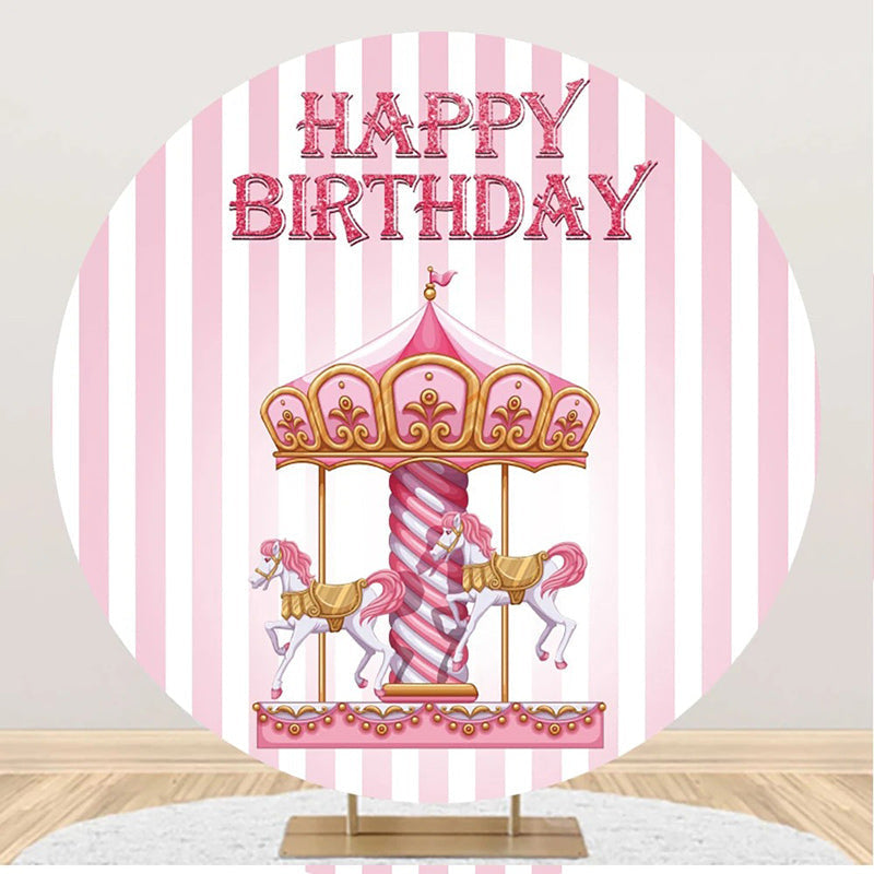 Aperturee - Pink White Stripes Circus Round Birthday Backdrop