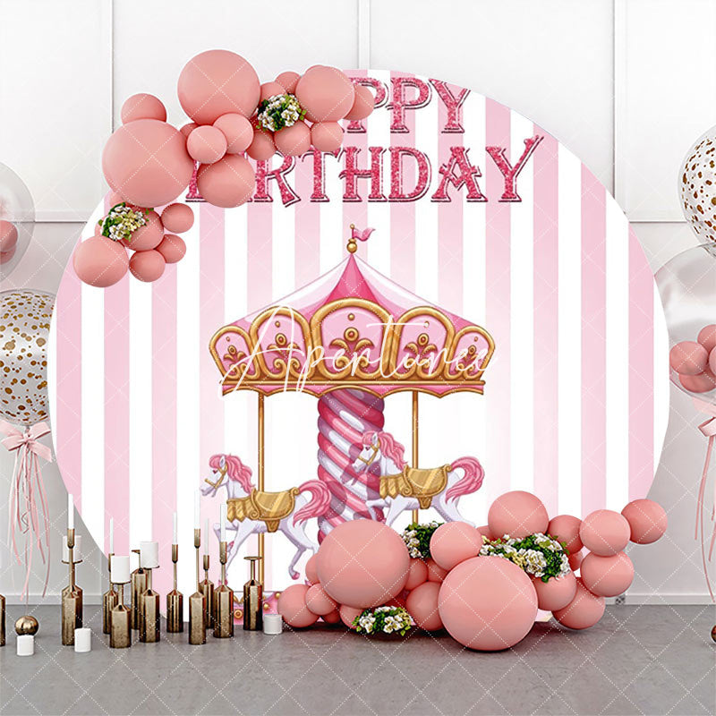 Aperturee - Pink White Stripes Circus Round Birthday Backdrop