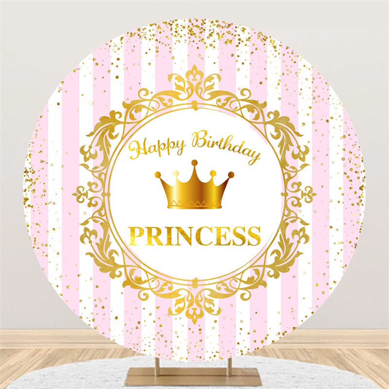 Aperturee Pink White Stripes Round Gold Princess Birthday Backdrop