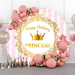 Aperturee Pink White Stripes Round Gold Princess Birthday Backdrop