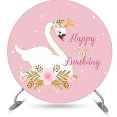 Aperturee - Pink White Swan Leaves Round 1st Birthday Backdrop