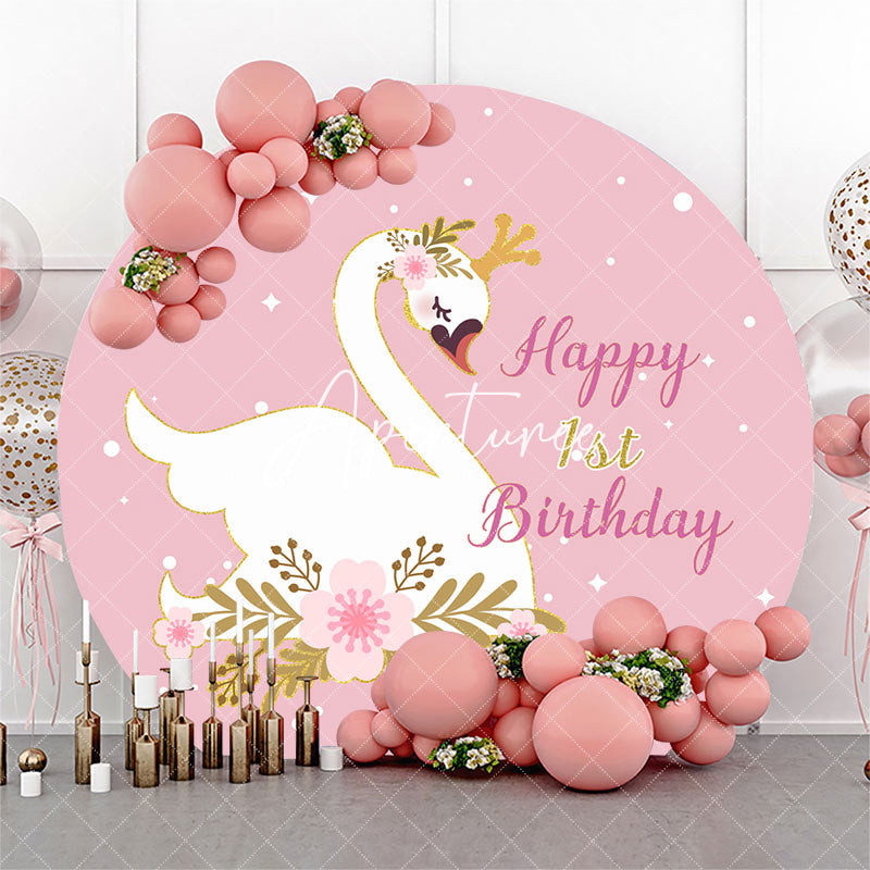 Aperturee - Pink White Swan Leaves Round 1st Birthday Backdrop