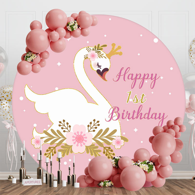 Aperturee - Pink White Swan Leaves Round 1st Birthday Backdrop