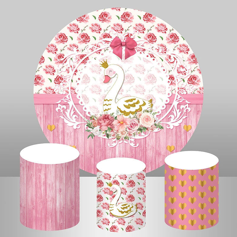 Aperturee Pink Wooden Floral Swan Girl Round Backdrop Kit