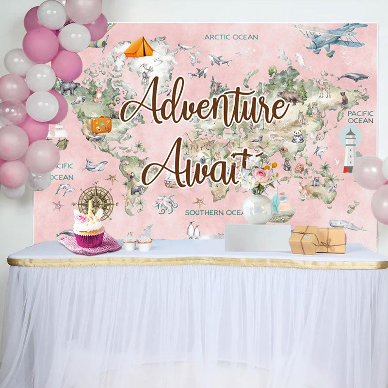 Aperturee - Pink World Map Travel Baby Shower Backdrop For Girl