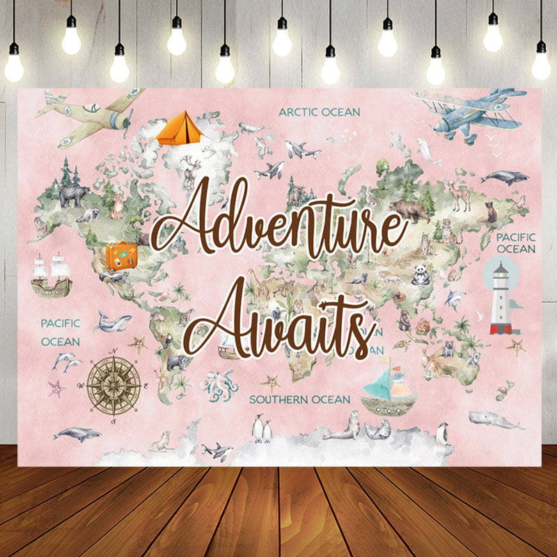 Aperturee - Pink World Map Travel Baby Shower Backdrop For Girl