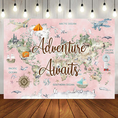 Aperturee - Pink World Map Travel Baby Shower Backdrop For Girl