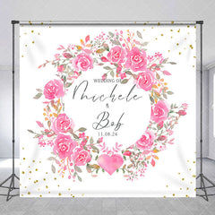 Aperturee - Pink Wreath White Custom Name Wedding Backdrop