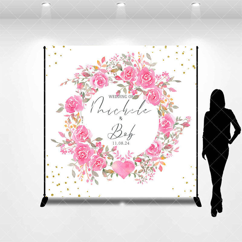 Aperturee - Pink Wreath White Custom Name Wedding Backdrop