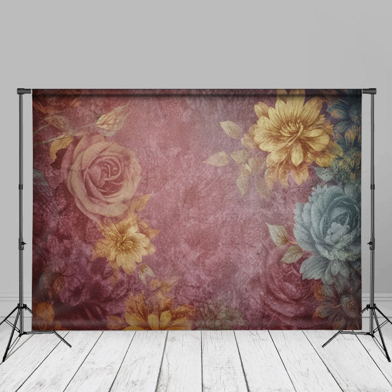 Aperturee - Pink Yellow Floral Dusty Blue Abstract Photo Backdrop