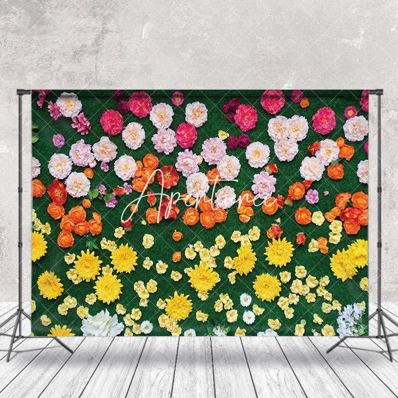 Aperturee - Pink Yellow Floral Greenery Spring Photo Backdrop