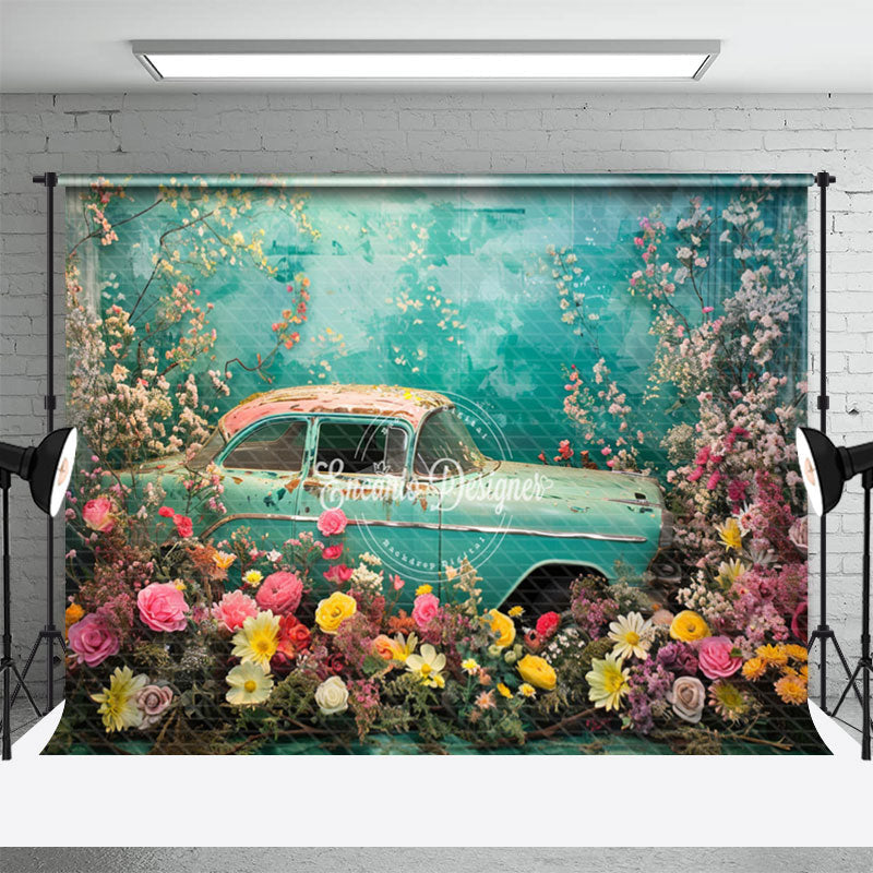 Aperturee - Pink Yellow Flower Retro Blue Car Spring Backdrop