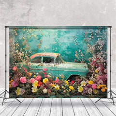 Aperturee - Pink Yellow Flower Retro Blue Car Spring Backdrop