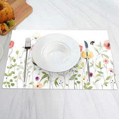 Aperturee - Pink Yellow Flowers Leaves Spring Set Of 4 Placemats