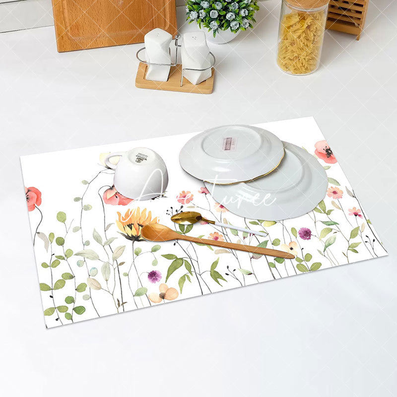 Aperturee - Pink Yellow Flowers Leaves Spring Set Of 4 Placemats