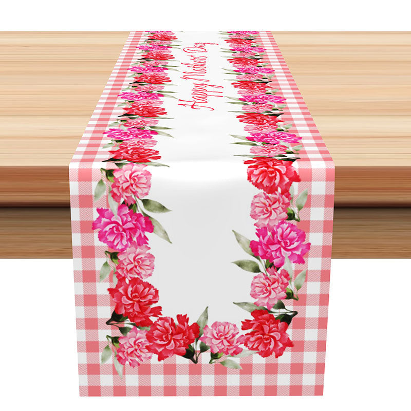 Aperturee - Plaid Pink Red White Floral Mothers Day Table Runner