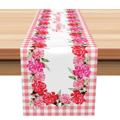 Aperturee - Plaid Pink Red White Floral Mothers Day Table Runner