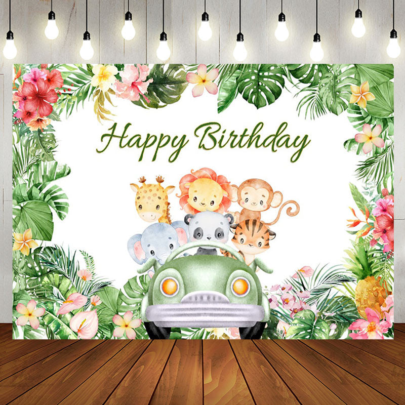 Aperturee - Plam Green Animals Car Happy Birthday Backdrop