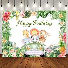 Aperturee - Plam Green Animals Car Happy Birthday Backdrop