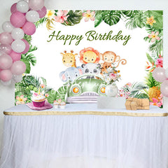 Aperturee - Plam Green Animals Car Happy Birthday Backdrop