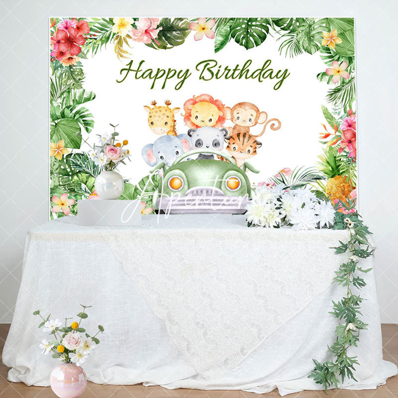 Aperturee - Plam Green Animals Car Happy Birthday Backdrop