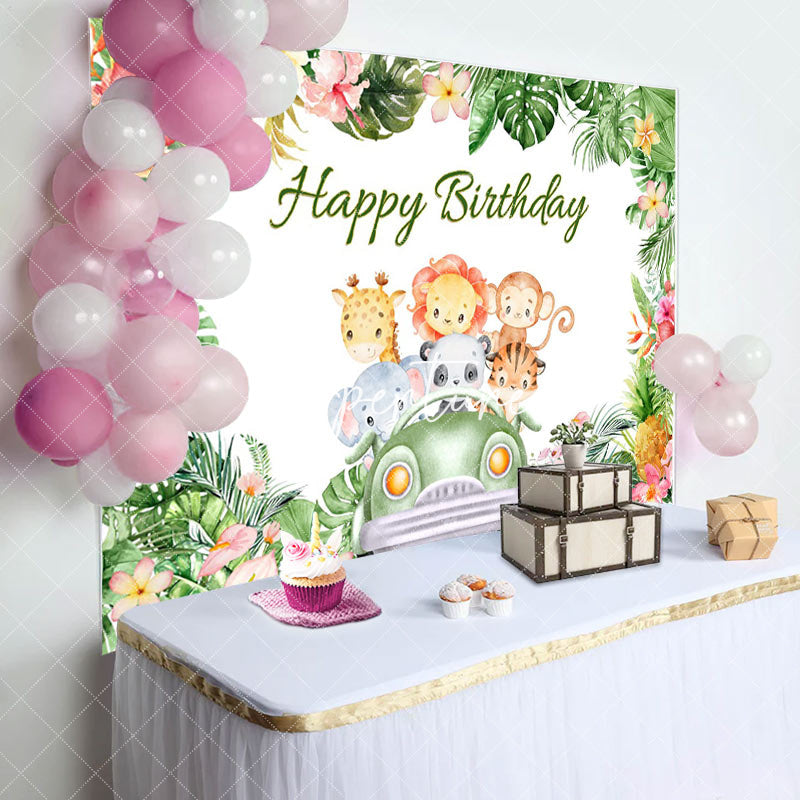 Aperturee - Plam Green Animals Car Happy Birthday Backdrop