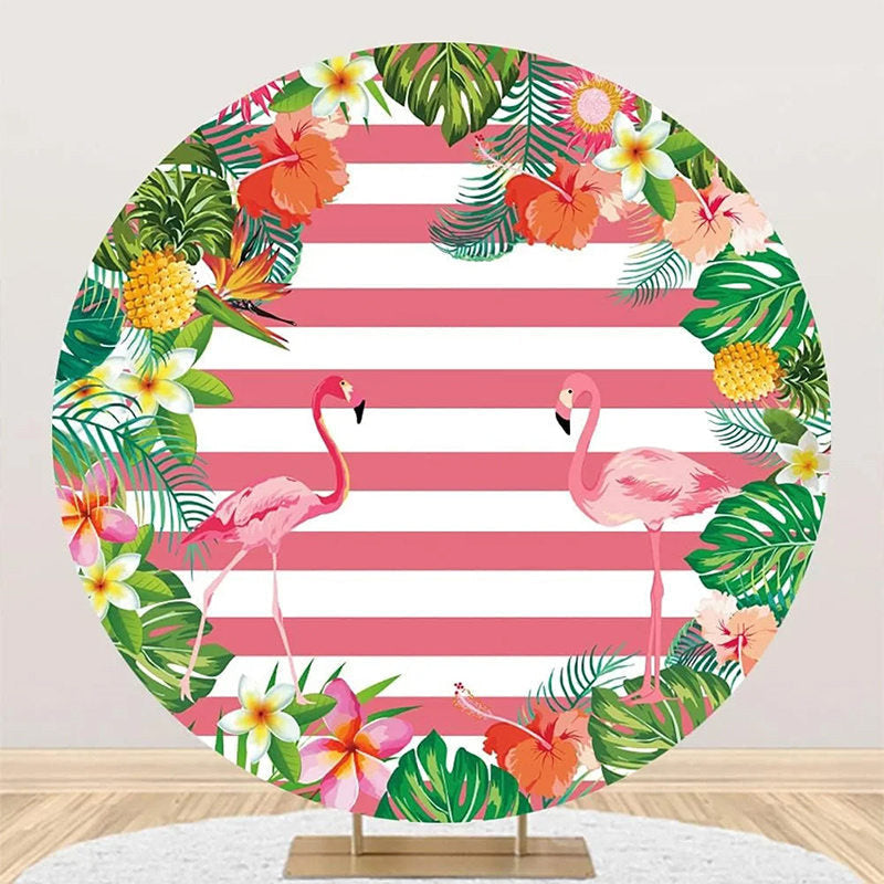 Aperturee - Plant Floral Flamingo Stripe Round Summer Backdrop